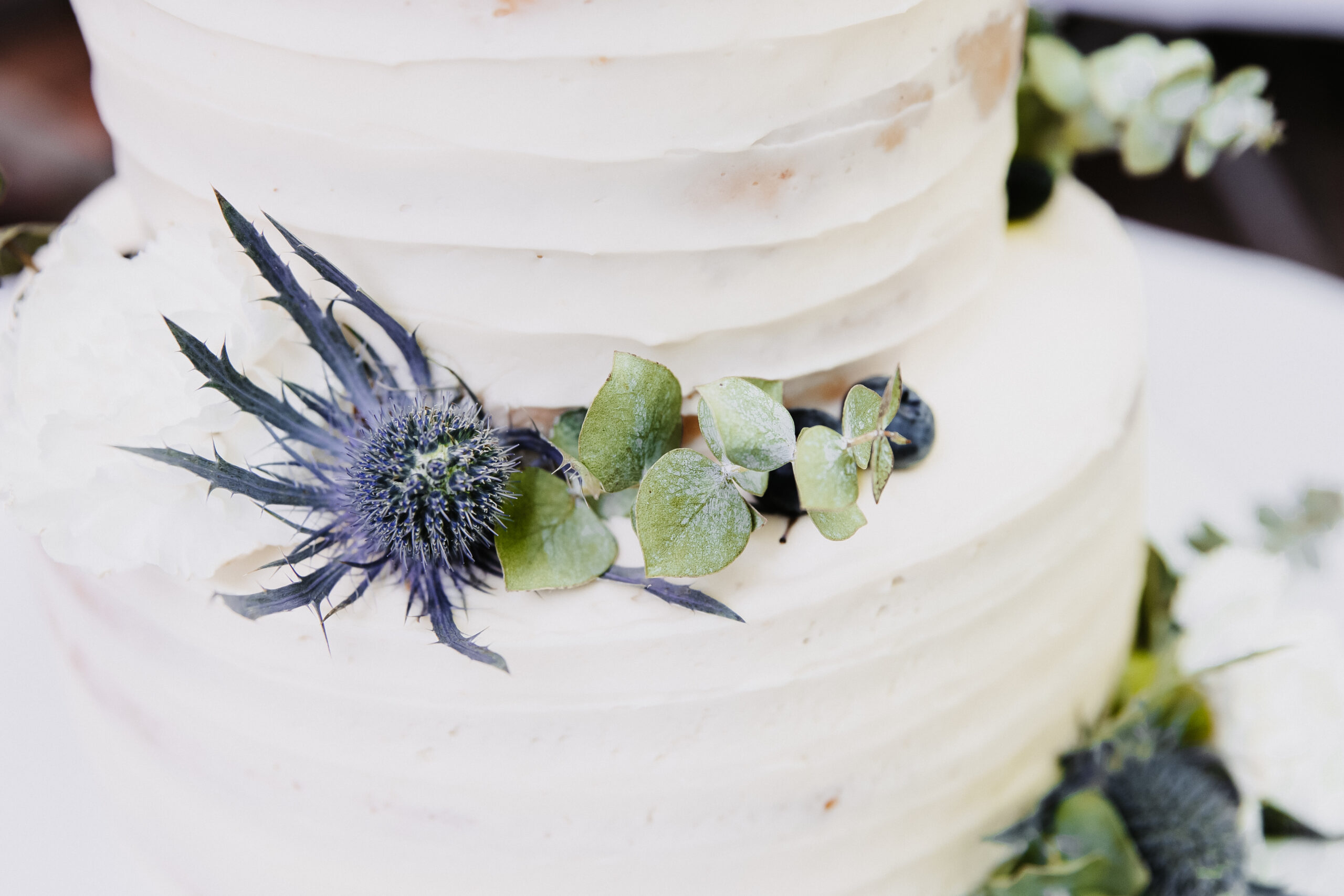 Detailaufnahme der blauen Distel und den grünen Trockenblumen auf der zweiteiligen creme Hochzeitstorte.